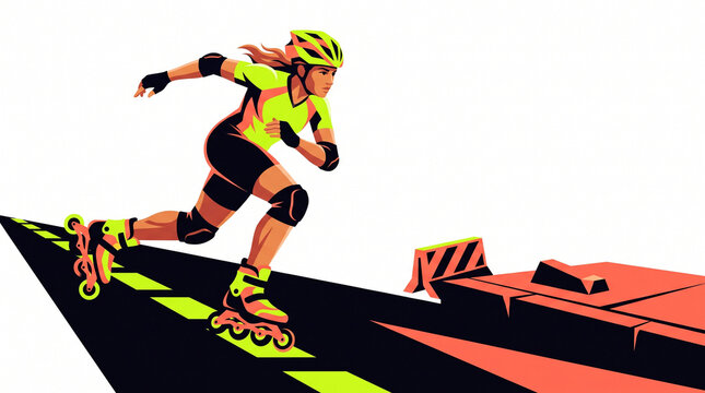 Young woman rollerblading on a closed street with caution signs  