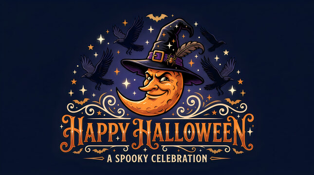 Halloween illustration features crescent moon face with witch hat and flying crows.