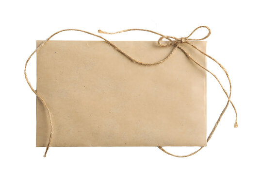 Blank kraft paper envelope tied with twine string isolated on transparent background