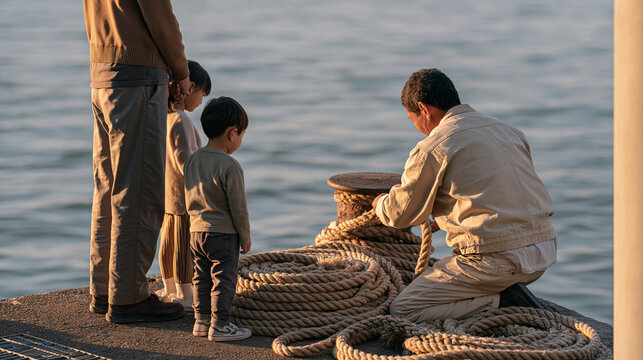 Rope rigger winding thick marine-grade hemp rope into precise coils beside a sun-warmed harbor bollard at golden hour, a family of three pausing nearby to watch with curiosity as