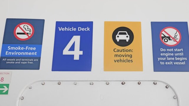 Victoria, BC, Canada - Aug 12, 2026: Vehicle deck regulatory safety and information signs inside a public ferry