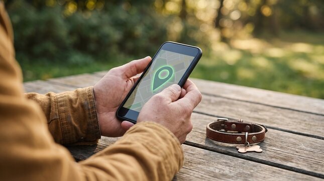 Pet tracker app for finding lost dog using gps navigation on smartphone screen with green location pin and leather collar on park table