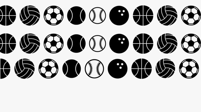 Black‑and‑white sports ball icons in repeating rows, showcasing basketball, volleyball, soccer, tennis, and bowling motifs with clean minimal symmetry&hellip;