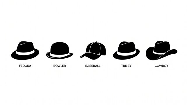 Black silhouette icons of diverse hats arranged in a row, showcasing fashion styles from classic to casual with cultural flair and bold simplicity&hellip;