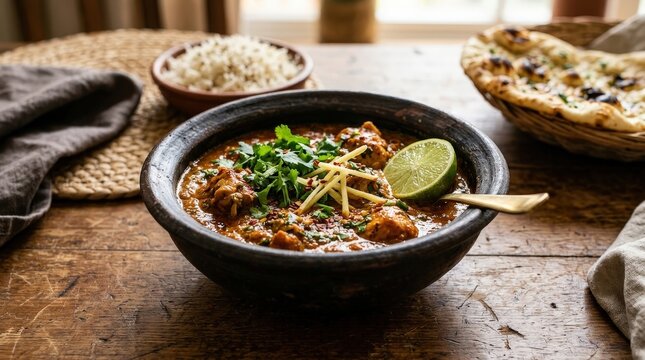 A delicious Indian curry served in a rustic clay bowl with rice and naan bread on a wooden table.