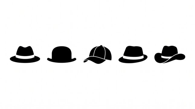 Black silhouette icons of diverse hats arranged in a row, showcasing fashion styles from classic to casual with cultural flair and bold simplicity&hellip;