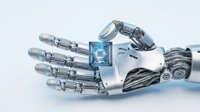A detailed close-up of a metallic robot hand holding a glowing microchip against a light background.
