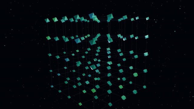 Quantum computing qubit lattice 4K animation, glowing 3D crystal matrix with superposition state pulses and cyan quantum entanglement glow, technology motion background