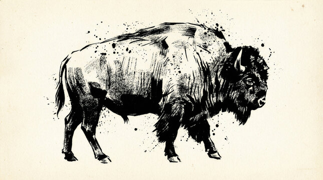Black ink illustration of standing bison in profile view