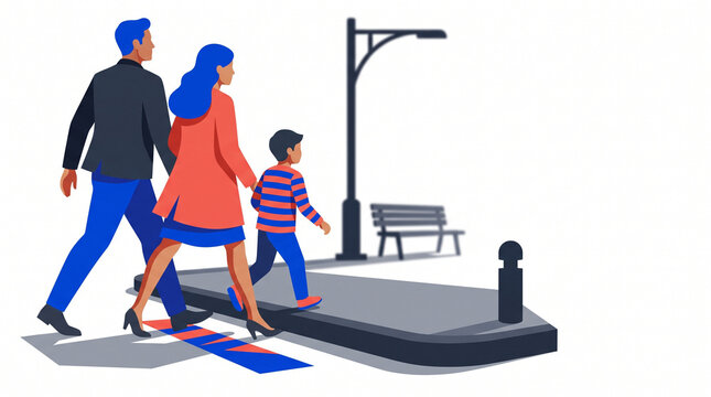 Family walking on a pedestrian street with a street lamp and bench  