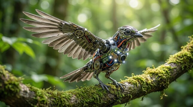 A detailed robotic bird with mechanical wings perched on a mossy tree branch in a lush green forest.