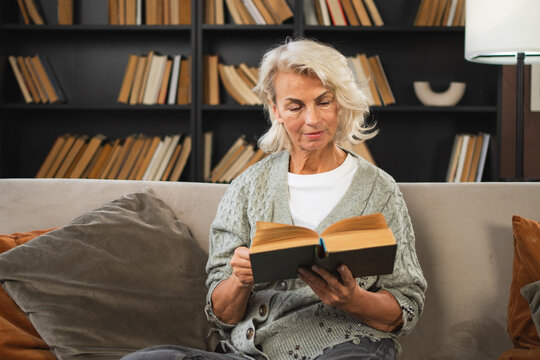 Comfort relaxed senior old elderly woman reading book at home. Mature woman resting enjoy calm day sitting on sofa at home alone. Adult lady spending free time keeping book smiling. Pension concept