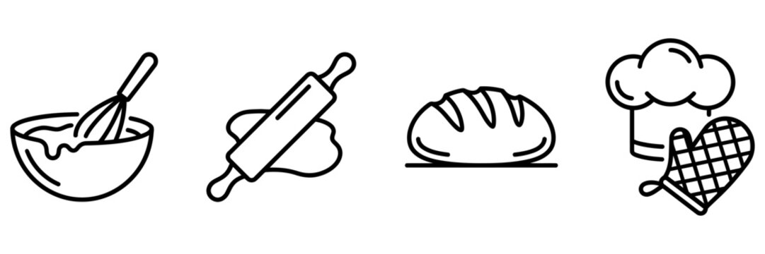 A professional 4 lineart icon set featuring baking and cooking kitchen tools isolated on transparent background