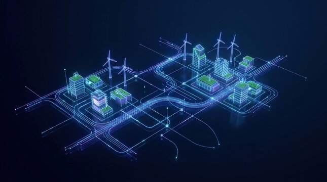 A digital holographic map of a smart city grid showing interconnected buildings and wind turbines.