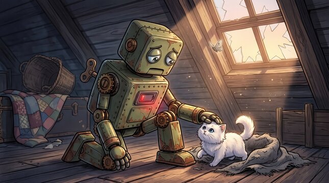 A sad, rusty vintage robot kneeling in a dusty attic, gently petting a small, fluffy white kitten near a broken window