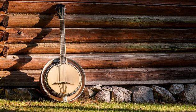 vintage bluegrass banjo resting against a log cabin epitomizing rural music tradition soft morning light enhancing texture