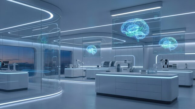 A futuristic medical laboratory featuring glowing holographic brain scans and clean white surfaces.