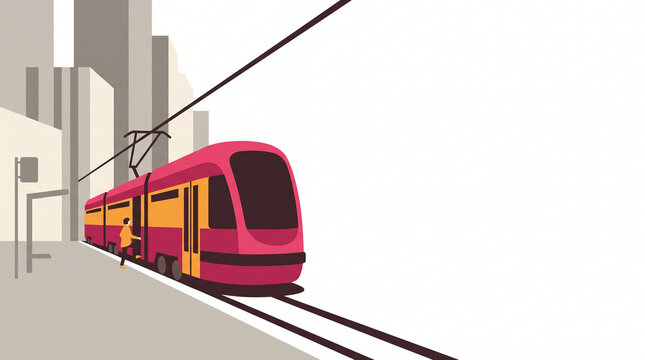 Urban tram arriving at a modern city station with high-rise buildings  