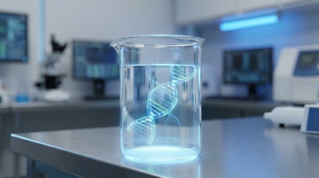 A glass beaker containing a glowing blue DNA strand model on a metal table in a science lab.