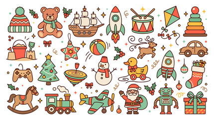 Obraz premium Set of colorful hand drawn Christmas toys and festive holiday elements.