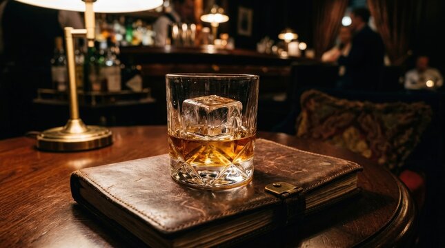 A glass of whiskey with a large ice cube sits on a leather journal in a dimly lit vintage bar.