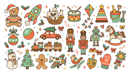 Naklejka premium Set of Cute Hand Drawn Christmas Toys and Holiday Decorations.