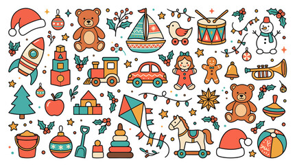 Fototapeta premium Set of cute hand drawn doodle Christmas toys and holiday elements.