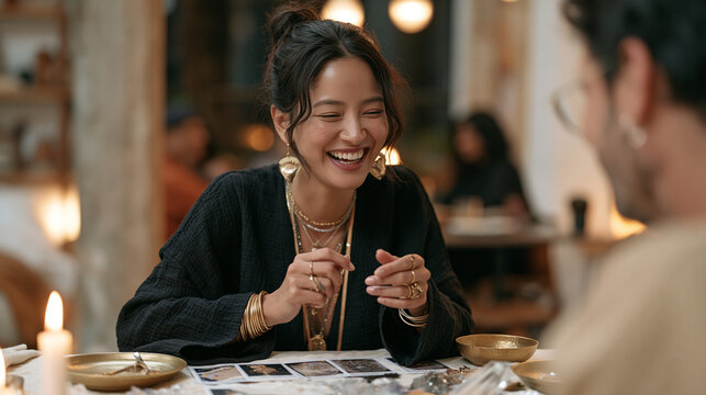 A tarot reader in a dimly lit industrial loft caught in a candid unposed moment, laughing as a lab grown meat sample arrives for an unconventional dinner party, crystal spread