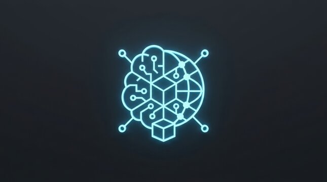A glowing neon blue digital icon representing a neural network brain structure on dark background.