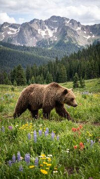 A majestic grizzly bear ambles through a vibrant wildflower meadow, its powerful form contrasted against a backdrop of snow-capped mountains and lush pine forests.