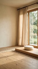 Fototapeta premium A serene meditation room with natural light filtering through sheer curtains and a large window, featuring a wooden platform and cushion, evokes a sense of calm and tranquility.