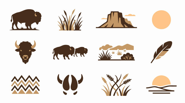 Flat Design Collection of Bison Nature and Landscape Icons.