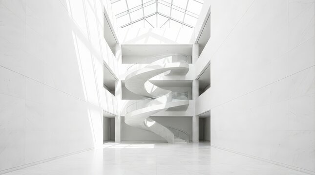 A grand white spiral staircase inside a vast, bright atrium with a modern glass roof structure.