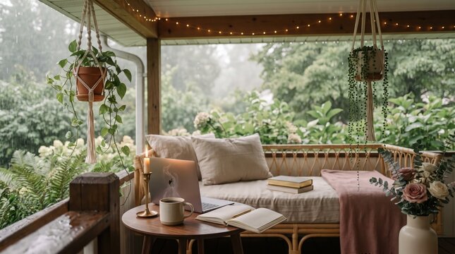Cozy rainy day porch scene with a laptop, coffee, and books on a wooden table, featuring hanging plants and a comfortable daybed