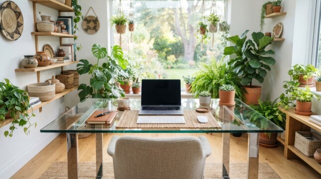 Cozy home office filled with lush green plants and natural light