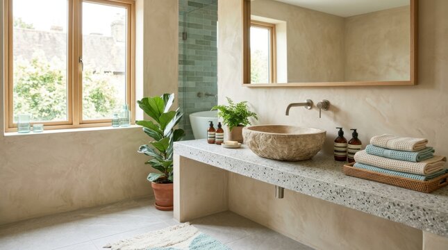 Modern bathroom with natural stone sink and wooden window frames, creating a serene atmosphere