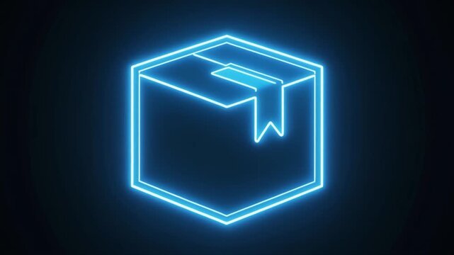 Neon Blue Outline of a Cardboard Box with a Ribbon Tab on a Black Background package parcel
