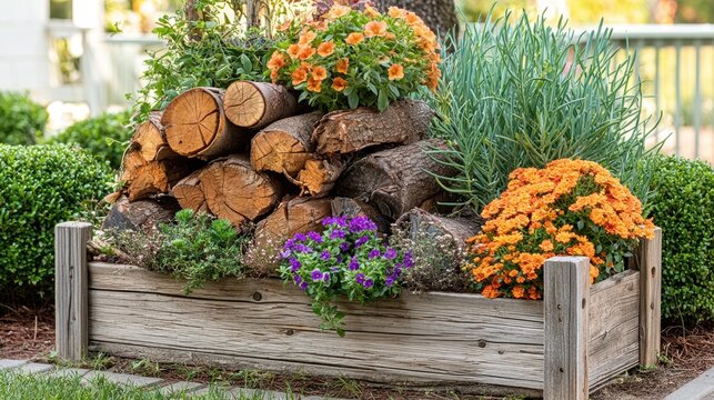 Rustic wooden planter box filled with logs and vibrant autumn flowers