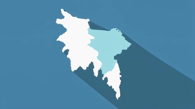 Map of Bangladesh with Sylhet Division highlighted in light blue on a solid blue background with a long shadow Keywords: Bangladesh map, Sylhet division, highlighted region, country outline
