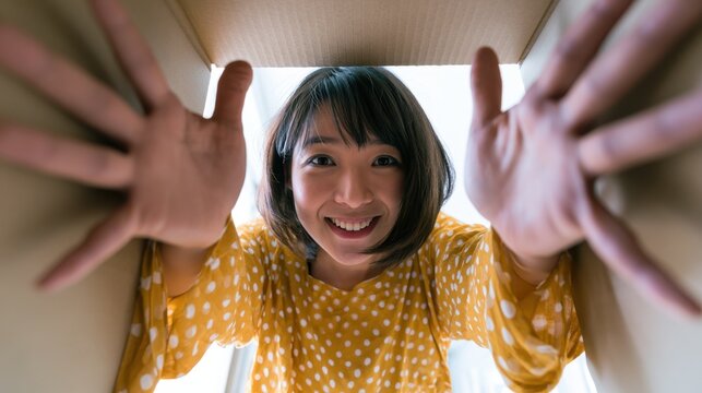 Smiling woman opening a cardboard shipping box in an immersive ecommerce unboxing view