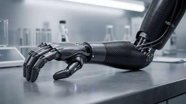 A high-tech prosthetic arm rests on a laboratory table with blurred medical equipment in the back.