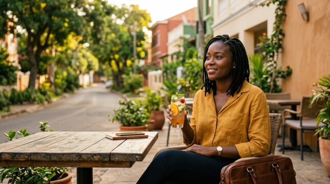 Woman enjoying a refreshing drink at an outdoor cafe on a sunny day