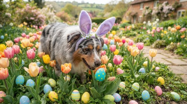 Cute Australian Shepherd dog wearing bunny ears in a garden full of tulips and Easter eggs