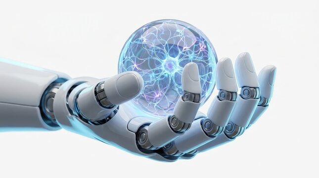 A high-tech robotic hand gently cradles a glowing neural sphere representing advanced AI technology.