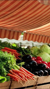 Fresh vegetables on display at a market stall under a striped sunshade produce carrots eggplant cabbage greens produce carrots eggplant cabbage greens