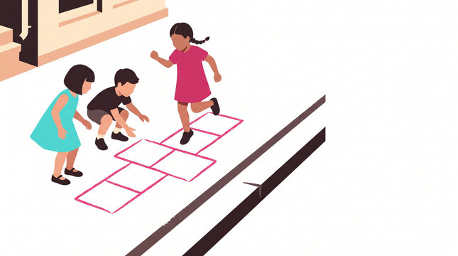 Children playing hopscotch in the street on a sunny day  