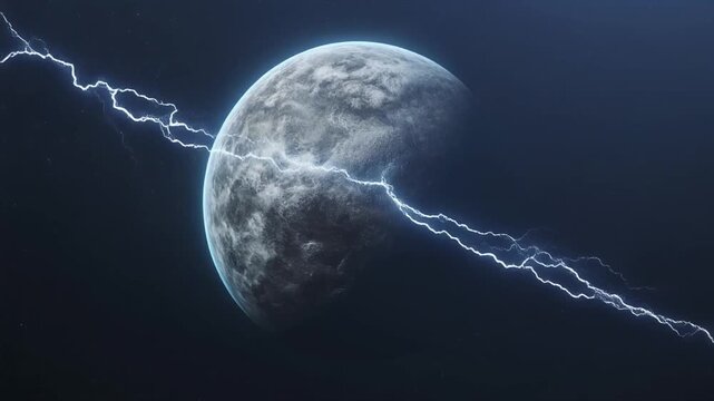 A textured planet in space with bright blue lightning bolts striking across its surface Keywords: planet, space, lightning, thunderbolt, electricity, energy, power, cosmic, celestial