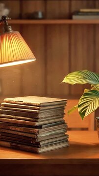Cozy reading corner with an old stack of books illuminated by a warm lamp light plant home study education light plant home study education