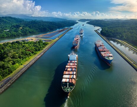 aerial view of cargo ships navigating the panama canal panama canal cargo ships shipping