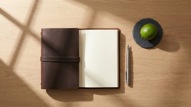 A leather journal and a fresh lime sit on a wooden desk bathed in soft sunlight from a window.